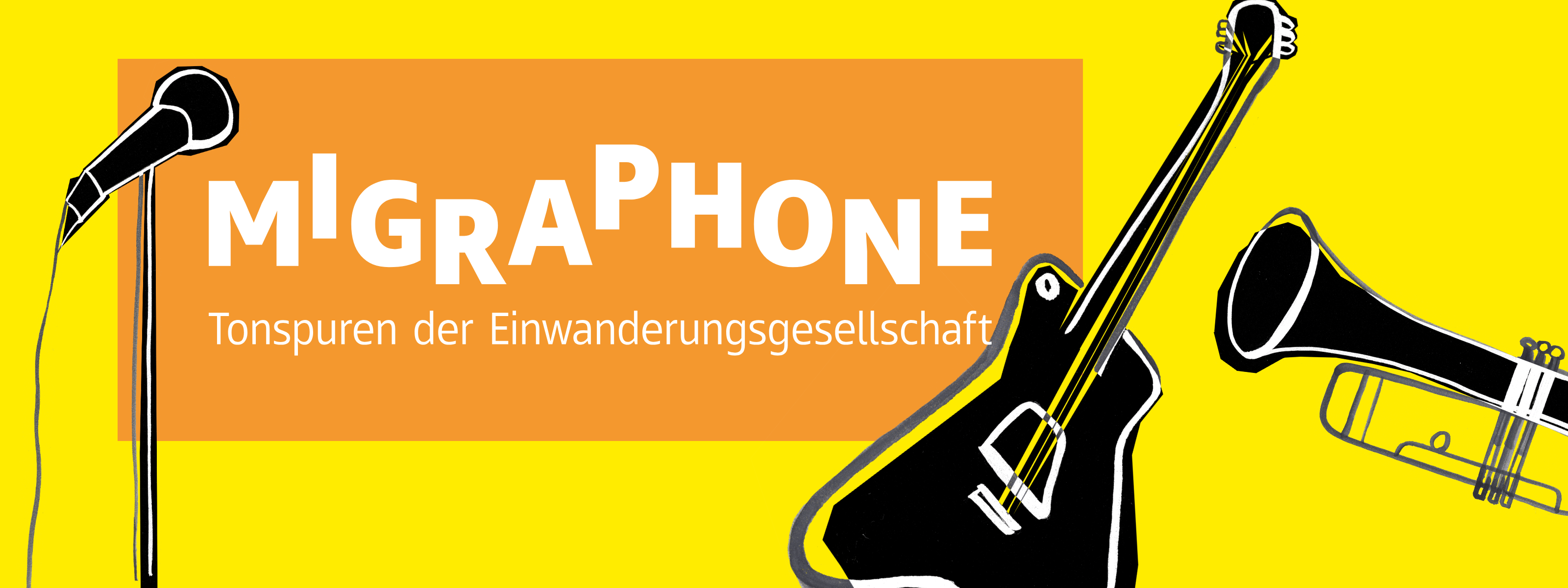 Das Bild zeigt die Wortmarke des Bandpools Migraphone. Neben der Wortmarke sind einige Instrumente abgebildet.
